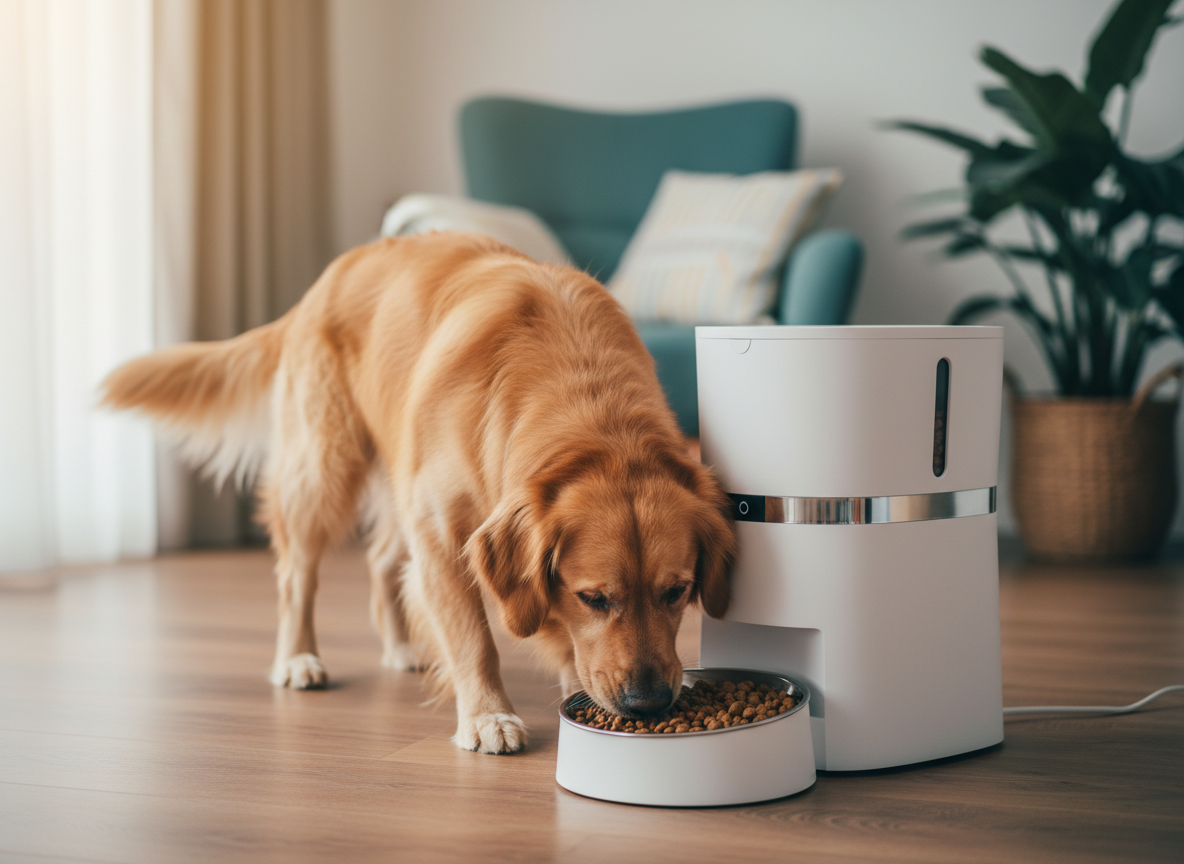 Happy dog eating from the pet feeder bowl