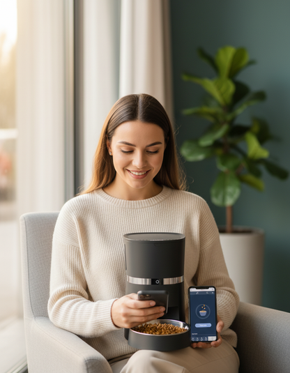 Woman feeding her pet using the smart feeder app from her phone