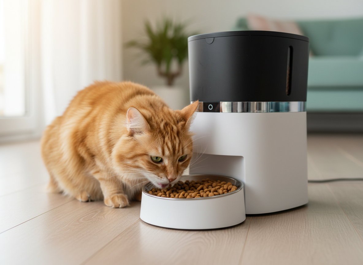Happy cat eating from the pet feeder bowl